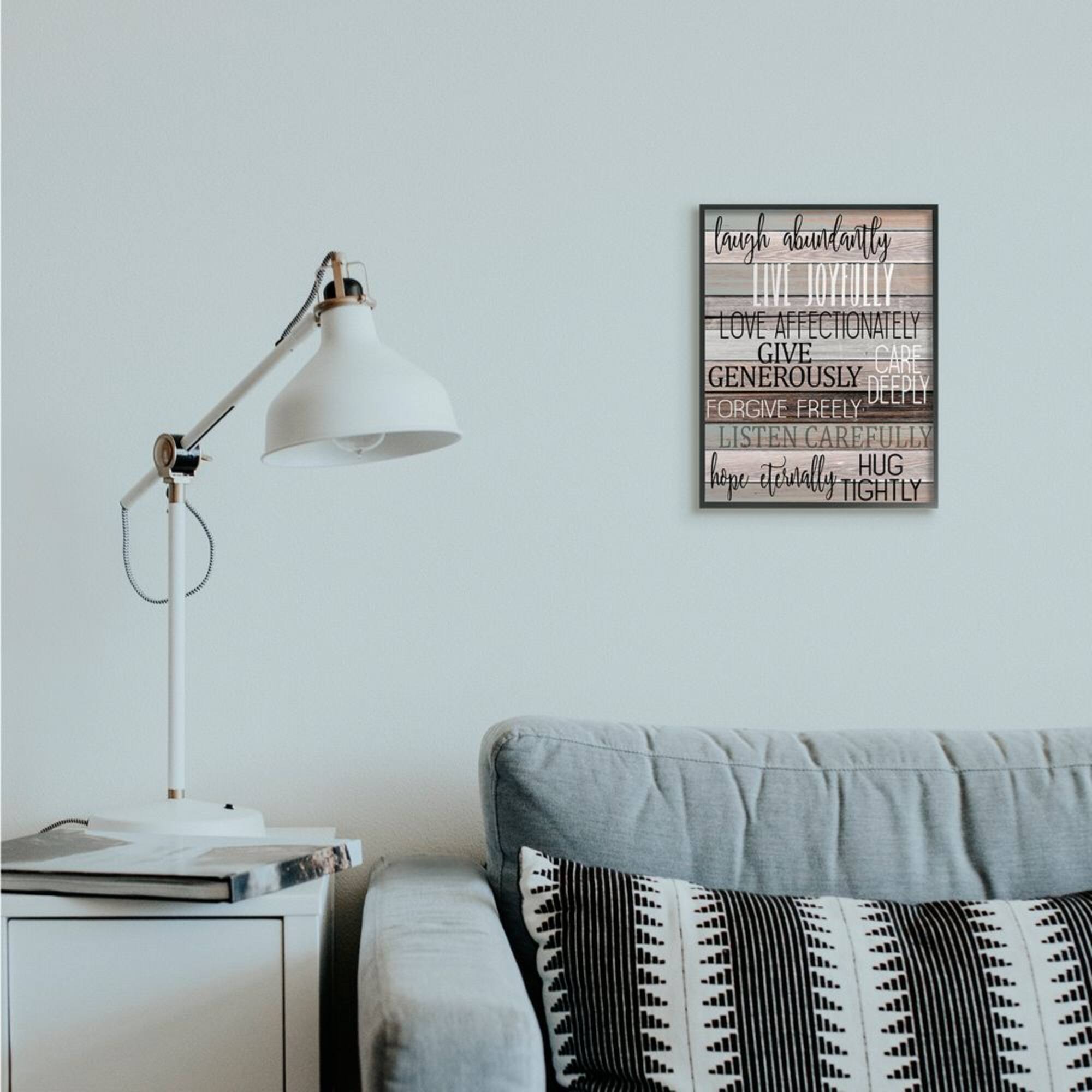 Stupell Industries Live Joyfully Phrases on Wood Grain Brown Tan Teal in Frame Wall Art